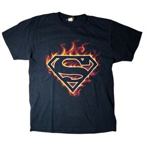 Vtg Warner Bros Superman Mens Shirt M Black Flame Logo Y2K Retro Punk Superhero